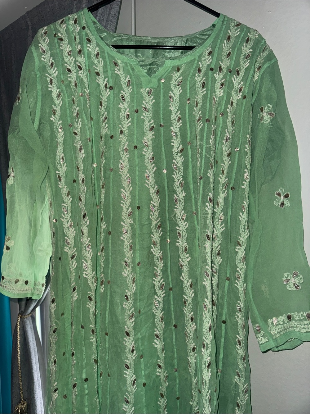 Embroidered Sheer Green Tunic with Sequin Accents